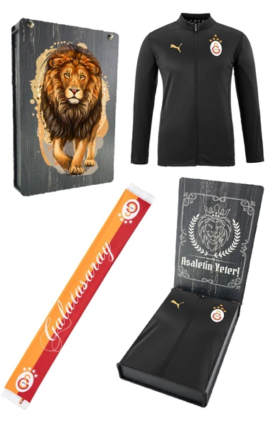 Galatasaray Orijinal Lisanslı 5 Yıldızlı A Takım Tam Fermuarlı Antrenman Üst Siyah Sweat Hediyelik Ahşap Kutulu