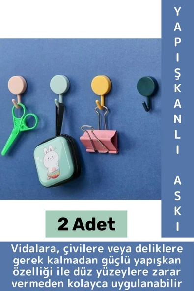İz Bırakmaz Montaj Gerektirmez Mutfak Banyo Ev Ofis Kendinden Yapışkanlı Renkli Duvar Askısı 2 Adet ürün görseli