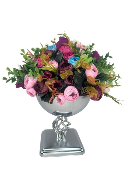 Yapay Çiçek Aranjmanı Erengüllü Gümüş Renk Metal Burgulu Vazolu Arajman Nişan Kız İsteme Çiçeği - Resim 6