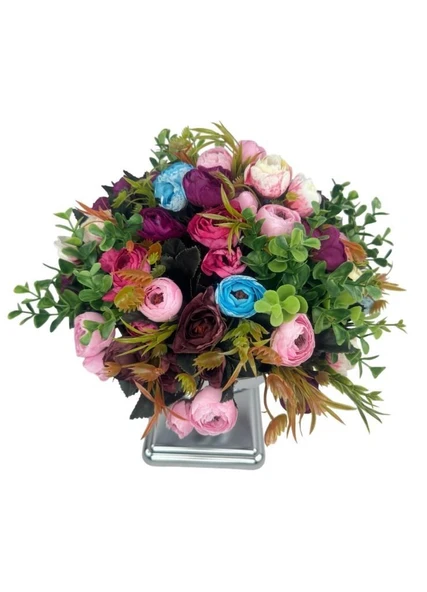 Yapay Çiçek Aranjmanı Erengüllü Gümüş Renk Metal Burgulu Vazolu Arajman Nişan Kız İsteme Çiçeği - Resim 3