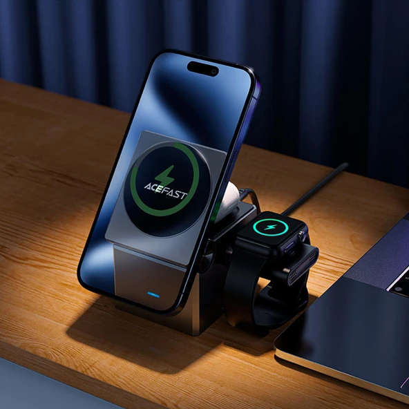 Acefast Katlanabilir Kablosuz Masaüstü Hızlı Şarj Standı - 23W Kablosuz Şarj Çıkışlı - Magsafe , Apple Watch ve Airpods Uyumlu - E18 - 5