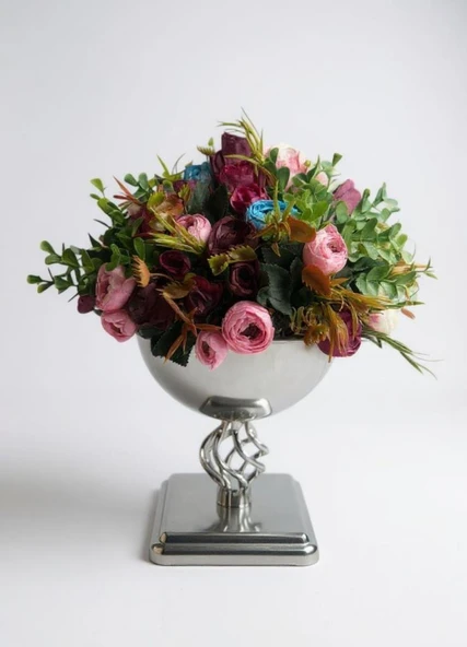 Yapay Çiçek Aranjmanı Erengüllü Gümüş Renk Metal Burgulu Vazolu Arajman Nişan Kız İsteme Çiçeği - Resim 8