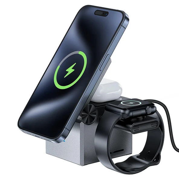 Acefast Katlanabilir Kablosuz Masaüstü Hızlı Şarj Standı - 23W Kablosuz Şarj Çıkışlı - Magsafe , Apple Watch ve Airpods Uyumlu - E18 - 3