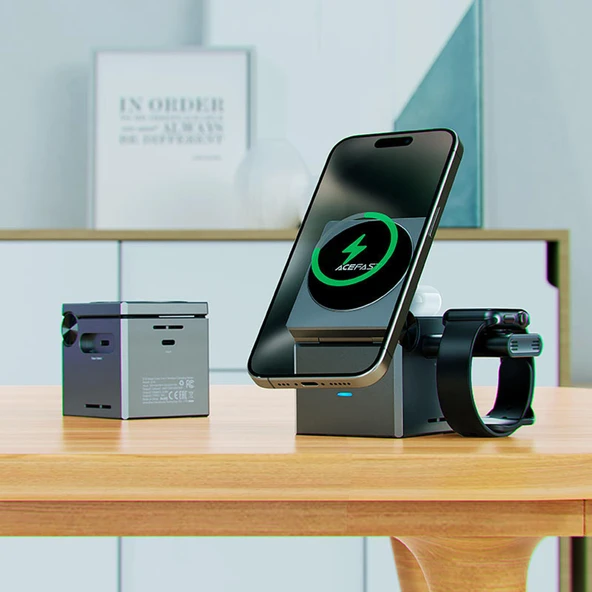 Acefast Katlanabilir Kablosuz Masaüstü Hızlı Şarj Standı - 23W Kablosuz Şarj Çıkışlı - Magsafe , Apple Watch ve Airpods Uyumlu - E18 - 4