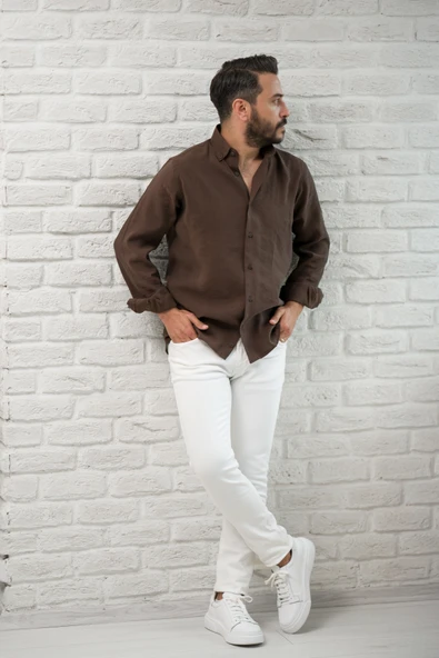 Regular Fit Yaka Düğmeli Yazlık Modal Kumaş Erkek Gömlek ürün görseli