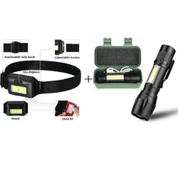 Usb Charge Zomlu El Feneri+ Ayarlanabilir Kafa Lambası ürün görseli 1
