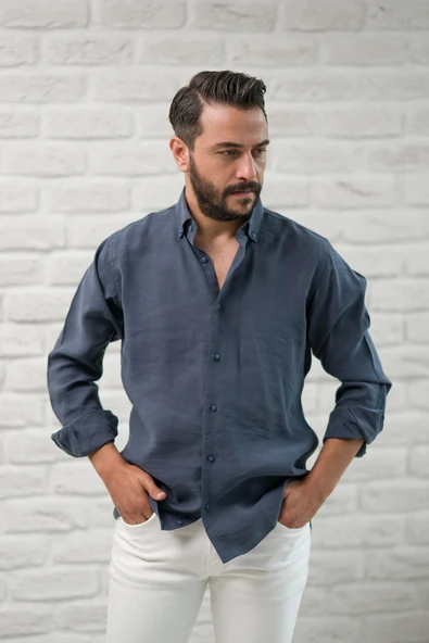 Regular Fit Yaka Düğmeli Yazlık Modal Kumaş Erkek Gömlek - Resim 12