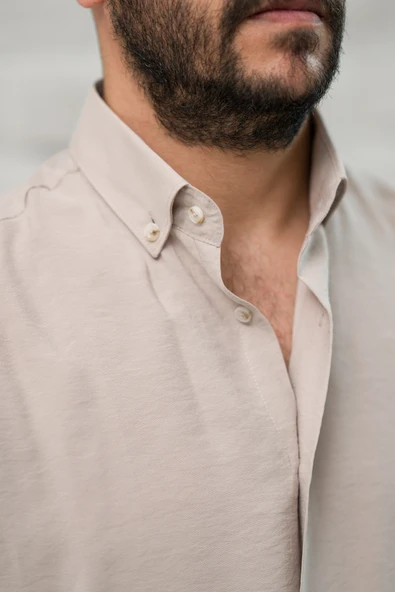Regular Fit Yaka Düğmeli Yazlık Modal Kumaş Erkek Gömlek - Resim 11