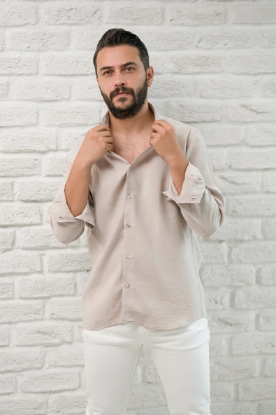 Regular Fit Yaka Düğmeli Yazlık Modal Kumaş Erkek Gömlek - Resim 9