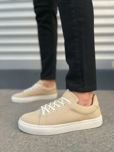 JY122 Mode Bağcıklı Süet Erkek Günlük Sneaker Ayakkabı SBT - Bej - 2
