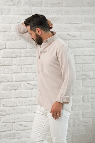 Regular Fit Yaka Düğmeli Yazlık Modal Kumaş Erkek Gömlek - Resim 8