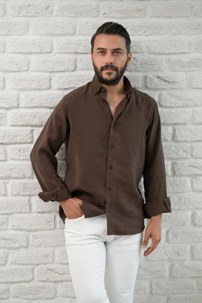 Regular Fit Yaka Düğmeli Yazlık Modal Kumaş Erkek Gömlek - Resim 2