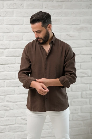 Regular Fit Yaka Düğmeli Yazlık Modal Kumaş Erkek Gömlek - Resim 4