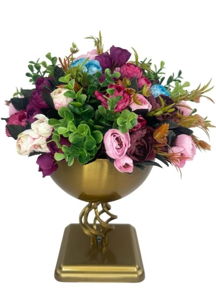 Yapay Çiçek Aranjmanı Erengüllü Antik Altın Renk Metal Burgulu Vazolu Nişan Kız İsteme Çiçeği - Resim 7