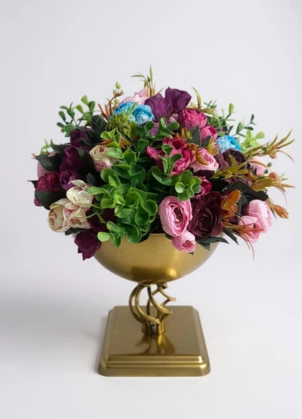 Yapay Çiçek Aranjmanı Erengüllü Antik Altın Renk Metal Burgulu Vazolu Nişan Kız İsteme Çiçeği ürün görseli