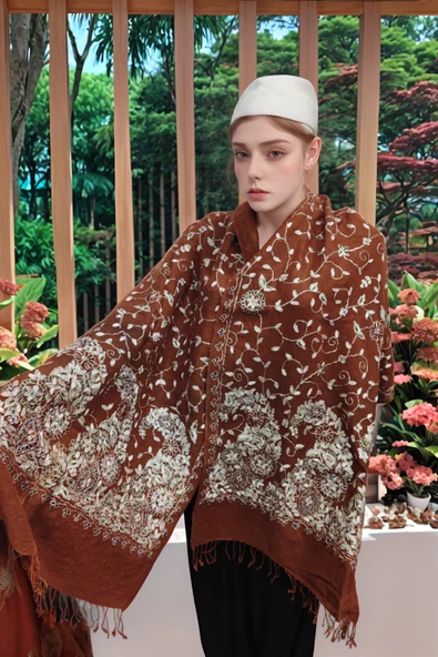 omuz Şal, El Yapımı Yün ve İpek, Boncuklarla Süslenmiş - 2