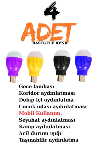 Rabelix 4 Adet Tak Çalıştır Usb Gece Lambasi Beyaz Işık Ampul Taşınabılır Kitap Okuma,Çocuk Odası Aydınlatma