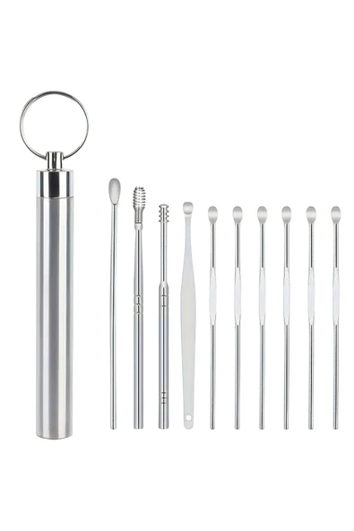 Rabelix Online Marketing Paslanmaz Çelik 10’lu Kulak Temizleme Seti Anahtarlıklı 10 Parça Saklama Kutulu - Resim 2