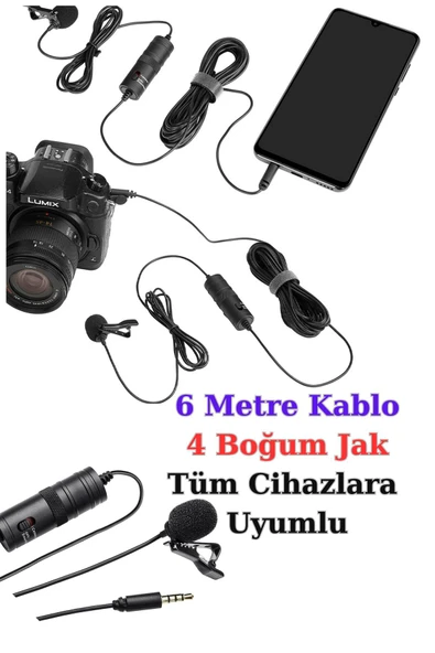 harry 6 Metre Kablolu Profesyonel Youtuber Yaka Mikrofonu-Gürültü Engellme Tüm Cihazlara Uyumlu - 1
