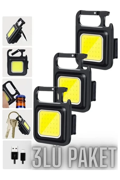 harry 3 Adet LED Anahtarlıklı Metal Kasa El Feneri Şişe Açacağı Usb’li Şarj Edilebilir Cep Boy Cob 800MAH ürün görseli