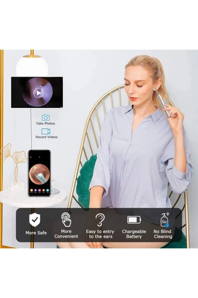 harry Kablosuz Hd Kameralı Kulak Temizleme Seti 360° açı 1296P Wifi Bağlantılı IOS ve Android Uyumlu - Resim 4