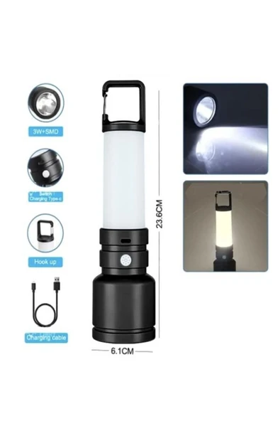 harry ŞARJLI HEM EL FENERİ HEM KAMP LAMBASI OLABİLEN 500 LÜMEN 3W+SMD LED ANAHTARLIKLI KAMP LAMBASI - Resim 2