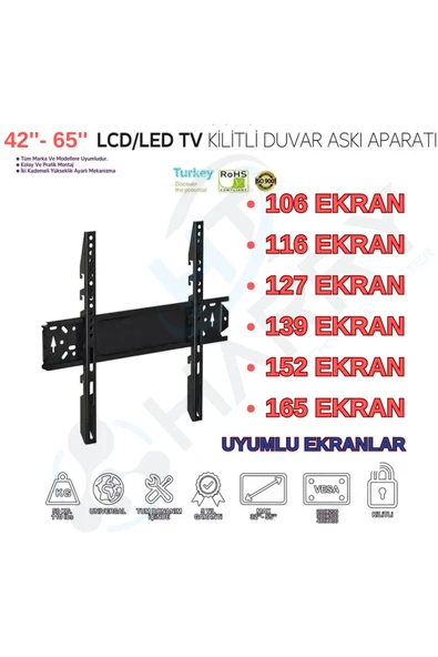 harry DİJİTSU Televizyon ile Uyumlu Kilitli Lcd Askı Aparatı Sabit 42"/55"/65" 106-120-139-140-152-165cm ürün görseli