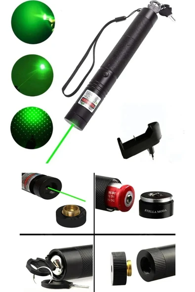 harry Yeşil Şarjlı Lazer Pointer 150km Mesafe Metal Kasa 2 Başlık-Şarj Cihazı-Pil-Anahtar Yakıcı Lazer - Resim 3