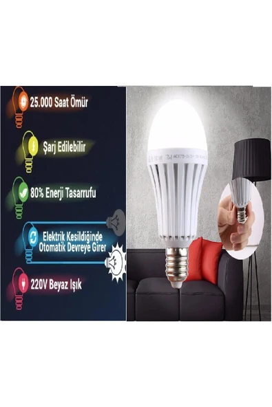 harry Elektrik Gidince Yanar %80 Tasarruflu 5 Watt 6500K Şarjlı Beyaz Led Ampul ürün görseli