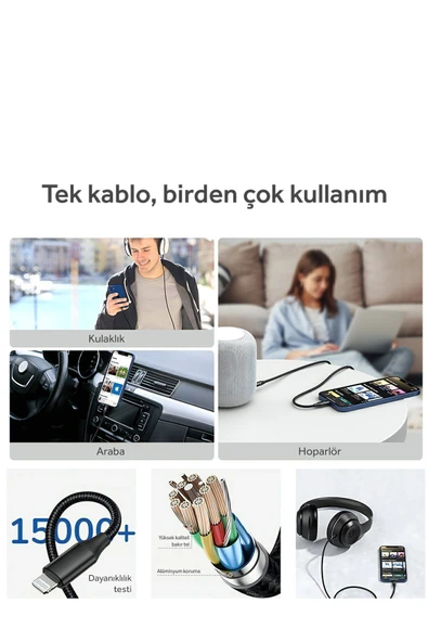 harry 1.5 Metre 1.Kalite 3.5mm Aux To 3.5mm Aux Ses Kablosu Stereo Destekli Örgülü Metal Başlıklı 1.5mt - Resim 2