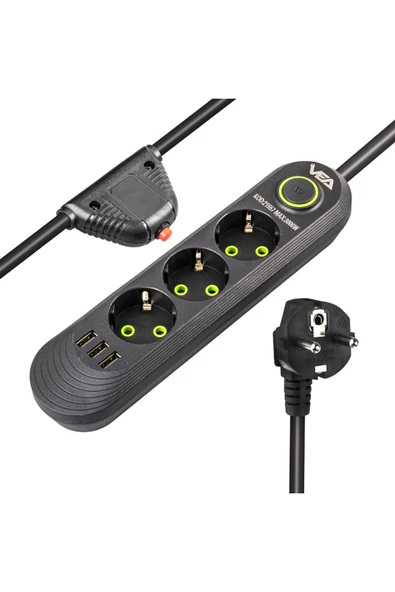 harry VEA 3'LÜ 1.5 METRE KABLOLU 3 USB'Lİ SİYAH AKIM KORUMALI PRİZ BAKIR  Uyumlu KABLO HARİCİ GÜÇ ANAHTARI - Resim 3