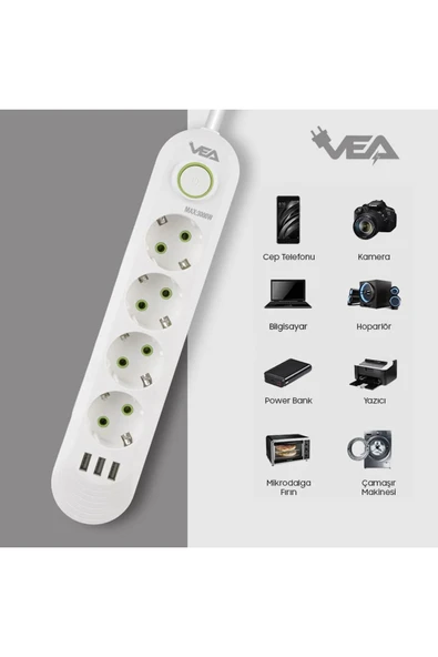 harry VEA 4'LÜ 1.5 METRE KABLOLU 3 USB'Lİ BEYAZ AKIM KORUMALI PRİZ BAKIR KABLO HARİCİ GÜÇ ANAHTARI - 1