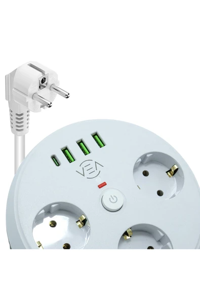 harry 3'Lü 1.5 Metre Makaralı Akım Korumalı 2500 Watt Çocuk Korumalı 3 Usb 1 Type c Girişli Üçlü Priz - Resim 5