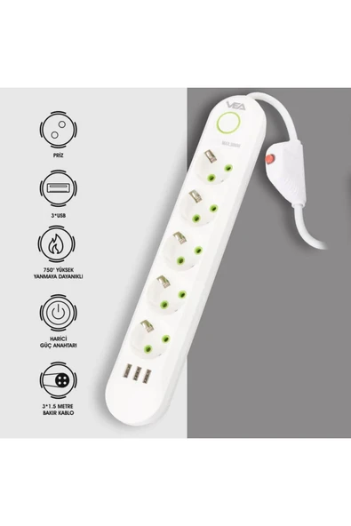 harry VEA 5'Lİ 1.5 METRE KABLOLU 3 USB'Lİ BEYAZ AKIM KORUMALI PRİZ BAKIR KABLO HARİCİ GÜÇ ANAHTARI - Resim 2