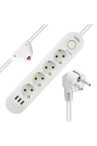 harry VEA 4'LÜ 1.5 METRE KABLOLU 3 USB'Lİ BEYAZ AKIM KORUMALI PRİZ BAKIR KABLO HARİCİ GÜÇ ANAHTARI - 5