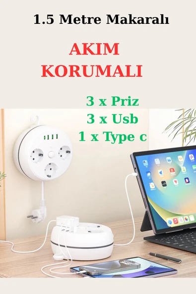 harry 3'Lü 1.5 Metre Makaralı Akım Korumalı 2500 Watt Çocuk Korumalı 3 Usb 1 Type c Girişli Üçlü Priz ürün görseli