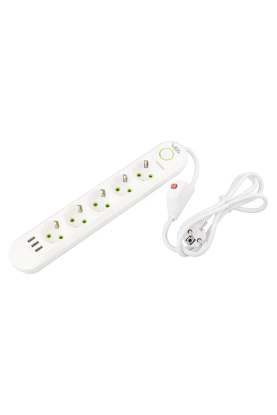 harry VEA 5'Lİ 1.5 METRE KABLOLU 3 USB'Lİ BEYAZ AKIM KORUMALI PRİZ BAKIR KABLO HARİCİ GÜÇ ANAHTARI - Resim 3