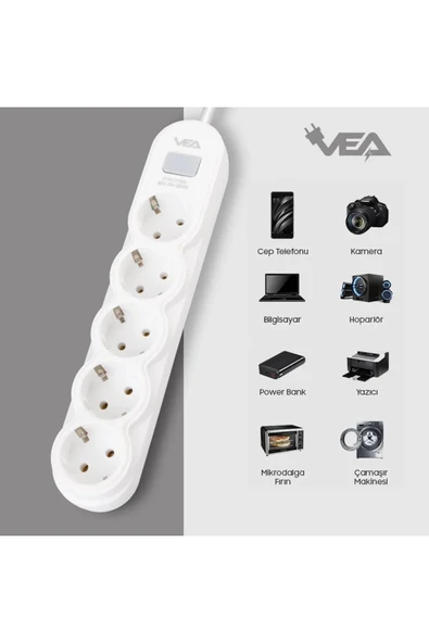 harry VEA 5'Lİ 1.5 METRE KABLOLU ANAHTARLI BEYAZ AKIM KORUMALI PRİZ BAKIR KABLO HARİCİ GÜÇ ANAHTARI ürün görseli