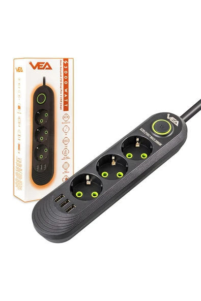 harry VEA 3'LÜ 1.5 METRE KABLOLU 3 USB'Lİ SİYAH AKIM KORUMALI PRİZ BAKIR  Uyumlu KABLO HARİCİ GÜÇ ANAHTARI - Resim 4