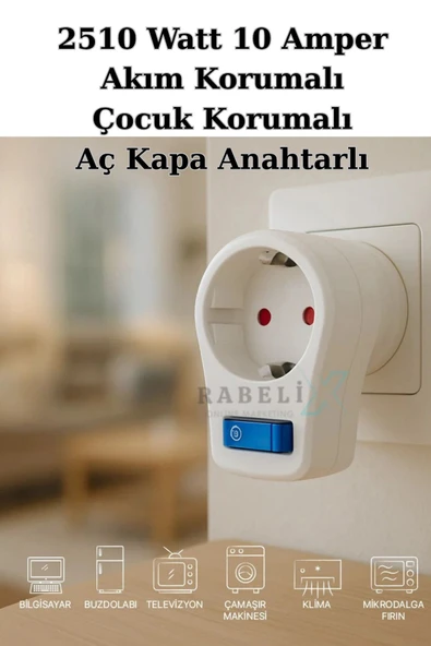 Rabelix Online Marketing Yüksek Akım ve Çocuk Korumalı Tekli Priz 2510 Watt Anahtarlı Led Işıklı 10 Amper ürün görseli