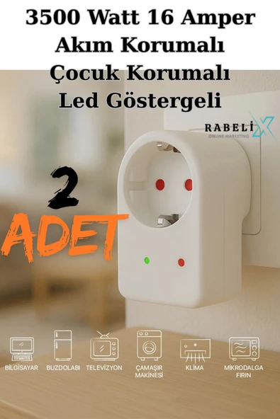 Rabelix Online Marketing 2 Adet Tekli Akım ve Çocuk Korumalı Priz Led Göstergeli 3500 Watt 16 Amper - 1