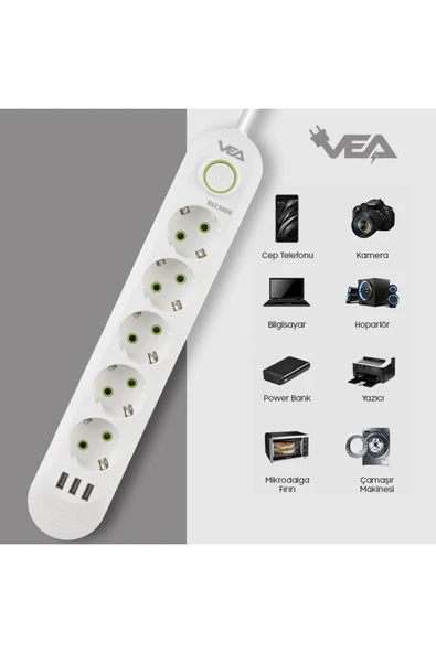 harry VEA 5'Lİ 1.5 METRE KABLOLU 3 USB'Lİ BEYAZ AKIM KORUMALI PRİZ BAKIR KABLO HARİCİ GÜÇ ANAHTARI ürün görseli