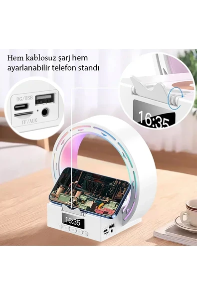 harry Şarjlı Radyolu Kablosuz Şarj Özellikjli Bluetooth Hoparlör 6 Farklı Aydınlatma Modu Alarmlı - Resim 4