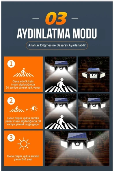 Rabelix Online Marketing Solar Güneş Enerjili 74 Ledli Hareket Sensörlü 3 Modlu Bahçe Balkon Aydınlatma Sokak Lambası - Resim 2