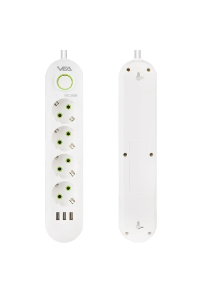 harry VEA 4'LÜ 1.5 METRE KABLOLU 3 USB'Lİ BEYAZ AKIM KORUMALI PRİZ BAKIR KABLO HARİCİ GÜÇ ANAHTARI - 4