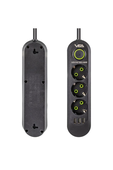 harry VEA 3'LÜ 1.5 METRE KABLOLU 3 USB'Lİ SİYAH AKIM KORUMALI PRİZ BAKIR  Uyumlu KABLO HARİCİ GÜÇ ANAHTARI - Resim 2