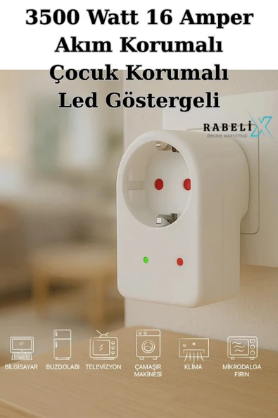 Rabelix Online Marketing Tekli Akım ve Çocuk Korumalı Priz Led Göstergeli 3500 Watt 16 Amper ürün görseli