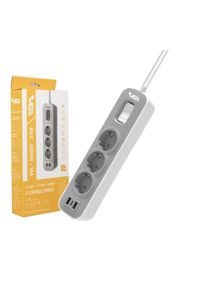 harry 3'LÜ 1.5 METRE KABLOLU 2 USB+TYPE-C HIZLI ŞARJ AKIM KORUMA ÇOCUK VE YANGIN KORUMA ANAHTARLI 4000 WAT - 1