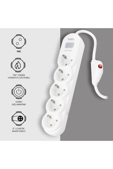 harry VEA 5'Lİ 1.5 METRE KABLOLU ANAHTARLI BEYAZ AKIM KORUMALI PRİZ BAKIR KABLO HARİCİ GÜÇ ANAHTARI - Resim 2
