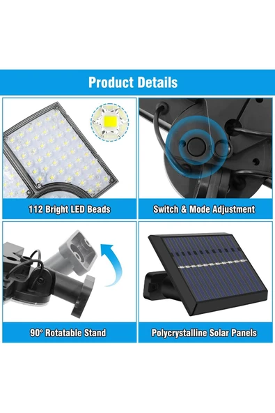 Rabelix Online Marketing 112 Led Güneş Enerjili Kumandalı 3 Çalışma Modlu Çift Başlıklı Bahçe,Garaj,Teras Sokak Lambası - Resim 3